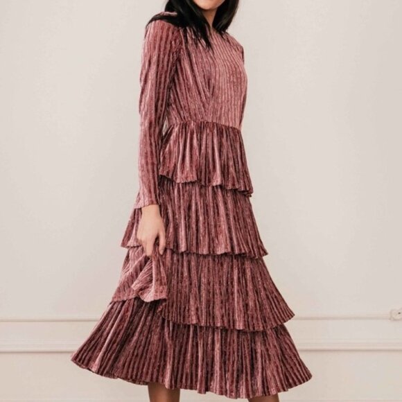 JessaKae Eiffel Midi Dress Velvet Tiered Ruffles Long Sleeve Dark Mauve Pink S - Picture 1 of 16